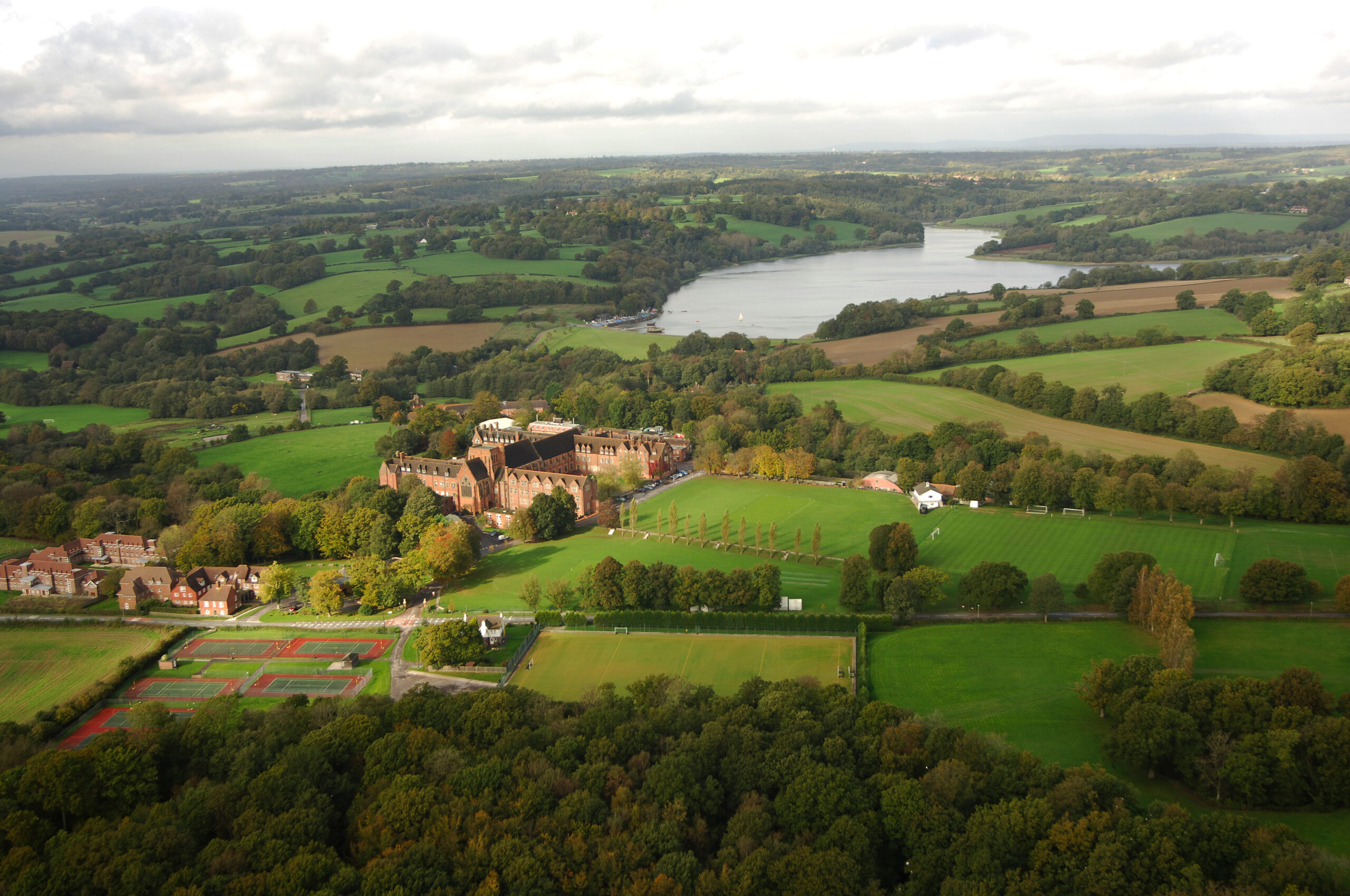 Aerial of Ardingly with lake